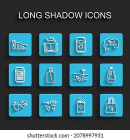 Set line Problem pollution of the ocean, planet, Ecology infographic, Trash can, Shopping bag with recycle, Bottle liquid soap, for dishwashing and  icon. Vector