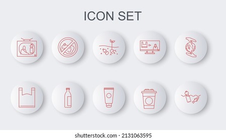 Set Line Problem Pollution Of The Ocean, Plastic Bag, Planet, Paper Glass, Stop Plastic, No Trash, Lotion Cosmetic Tube And Cream Icon. Vector