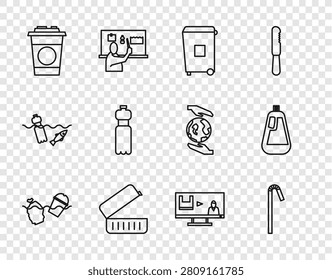 Set line Problem pollution of the ocean, Drinking plastic straw, Trash can, Lunch box, Paper glass, Bottle water, Stop and for dishwashing liquid icon. Vector