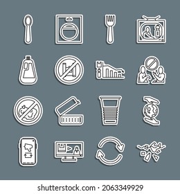 Set line Problem of pollution planet, Hands holding Earth globe, Stop plastic, Disposable fork, Say no bags poster, Bottle dishwashing liquid, spoon and Ecology infographic icon. Vector