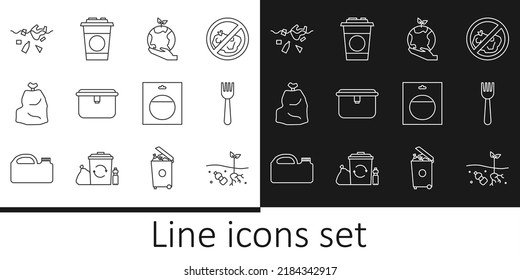 Set line Problem of pollution planet, Disposable plastic fork, Hand holding Earth globe, Lunch box, Garbage bag, Battery pack and Paper glass icon. Vector