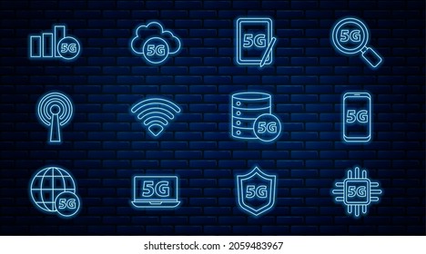 Set line Processor 5G, Mobile with network, Graphic tablet, Wi-Fi wireless, Antenna, Server and Cloud icon. Vector
