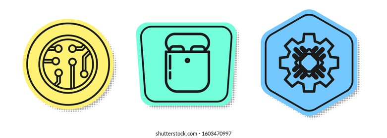 Set line Processor, Air headphones in box and Processor. Colored shapes. Vector