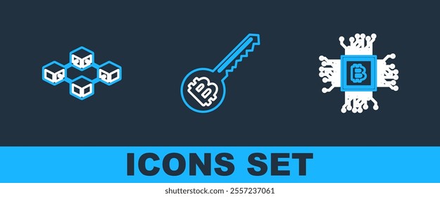 Set line Processor, Blockchain technology and Cryptocurrency key icon. Vector