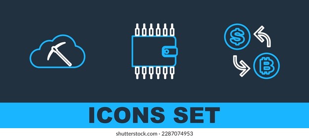 Set line Processor chip with dollar, Cryptocurrency cloud mining and wallet icon. Vector