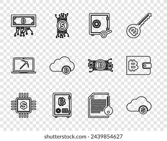 Set line Processor chip with dollar, Cryptocurrency cloud mining, Proof of stake, bitcoin circuit, Smart contract and wallet icon. Vector