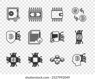 Definir linha Processador chip com dólar, Bitcoin pensar, Carteira de criptomoeda, Prova de participação, Contrato inteligente, tecnologia Blockchain e bitcoin ícone de circuito. Vetor