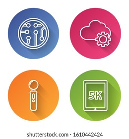 Set line Processor, Cloud technology data transfer and storage, Gamepad and Tablet with text 5k. Color circle button. Vector
