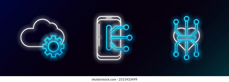 Definir linha Processador, transferência de dados de tecnologia de nuvem e armazenamento e Smartphone, ícone do telefone celular. Néon brilhante. Vetor