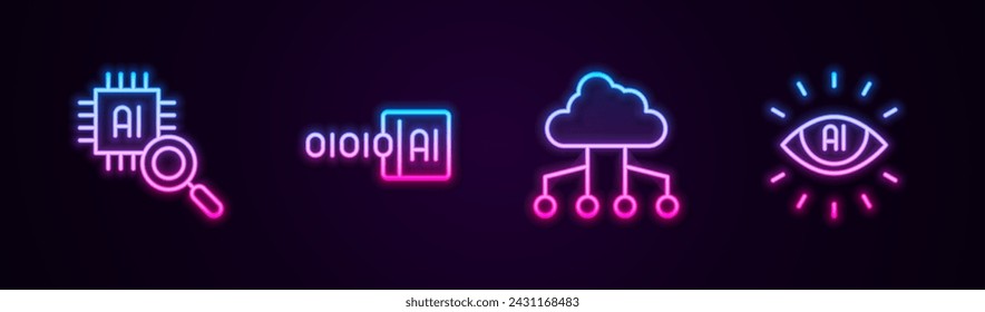 Set line Processor CPU, Binary code, Network cloud connection and Artificial intelligence AI. Glowing neon icon. Vector