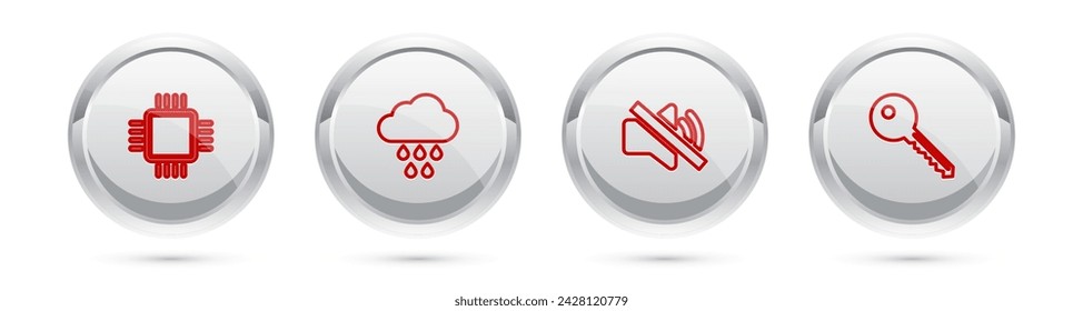 Set line Processor with CPU, Cloud rain, Speaker mute and Key. Silver circle button. Vector