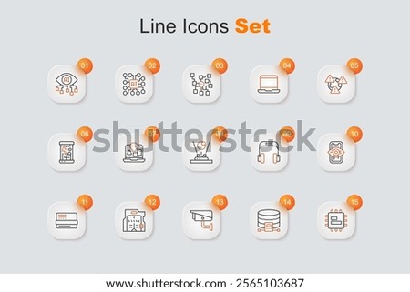 Set line Processor CPU, Cloud database, Security camera, Futuristic sliding doors, Credit card, Computer vision, Headphones and Hologram icon. Vector