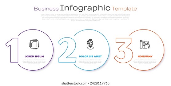 Set line Processor with CPU, Earth globe and Book. Business infographic template. Vector