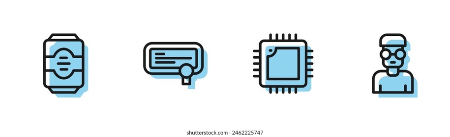 Set line Procesador con CPU, Bebida energética, Certificado de Plantilla y Nerd geek icono. Vector