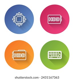 Set line Processor with CPU, Hard disk drive HDD,  and Keyboard. Color circle button. Vector