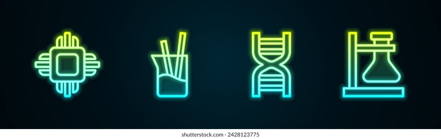 Set line Processor CPU, Laboratory glassware, DNA symbol and Test tube flask on stand. Glowing neon icon. Vector