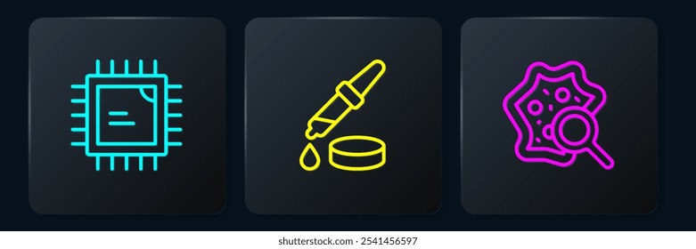 Set line Processor CPU, Microorganisms under magnifier and Pipette. Black square button. Vector