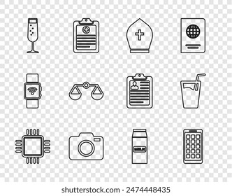 Set line Processor with CPU, Mobile Apps, Pope hat, Photo camera, Glass of champagne, Scales justice, Paper package for milk and water icon. Vector