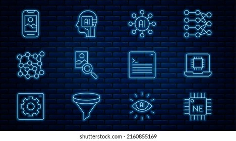 Set line Processor CPU, Neural network, Photo retouching, Mobile phone, Web developer programming code and Humanoid robot icon. Vector