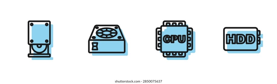 Set line Processor with CPU, Optical disc drive, Computer cooler and Hard disk HDD icon. Vector