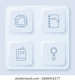 Set line Processor with CPU, Spiral notebook, Book and Magnifying glass. White square button. Vector