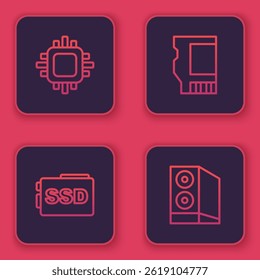 Set line Processor with CPU, SSD card,  and Case of computer. Blue square button. Vector