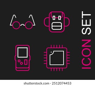 Set line Processor with CPU, Tetris, School backpack and Eyeglasses icon. Vector
