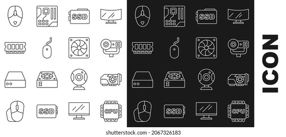 Set line Processor with CPU, Video graphic card, Web camera, SSD, Computer mouse, RAM, random access memory,  and cooler icon. Vector
