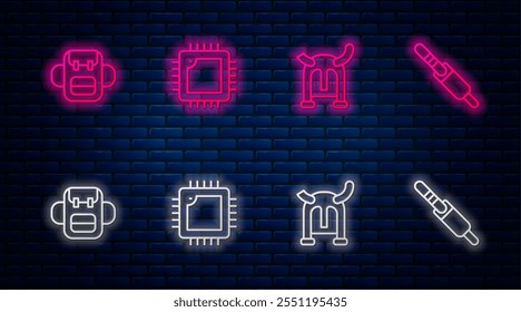 Set line Processor with CPU, Viking in horned helmet, School backpack and Audio jack. Glowing neon icon on brick wall. Vector