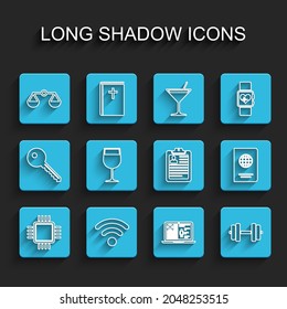 Set line Processor with CPU, Wi-Fi wireless network, Scales of justice, Medical clinical record, Dumbbell, Wine glass, Passport and Clipboard resume icon. Vector