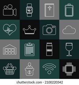 Set line Processor with CPU, Wine glass, Cloud, Holy bible book, Crown, Heart rate, Movie Video camera and Photo icon. Vector