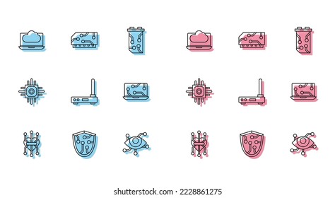 Set line Processor, Cyber security, Cloud technology data transfer and storage, Virtual reality, Router wi-fi signal, Laptop,  and RAM, random access memory icon. Vector