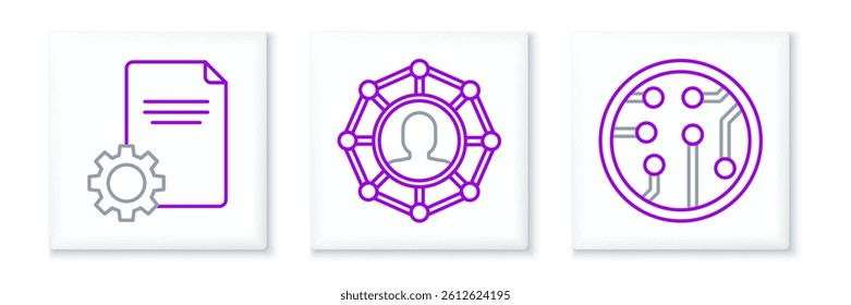 Set line Processor, File document and Project team base icon. Vector