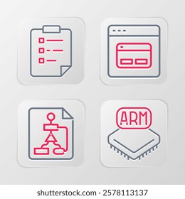 Set line Processor, Flowchart, Search engine and Clipboard with checklist icon. Vector