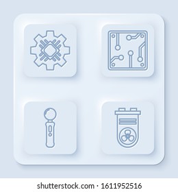 Set line Processor, Processor, Gamepad and Video graphic card. White square button. Vector