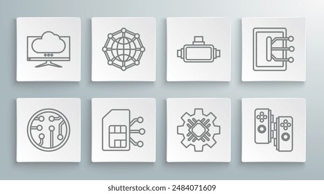 Set line Processor, Global technology social network, Sim card, Gamepad, Virtual reality glasses, Tablet and Computer monitor screen icon. Vector
