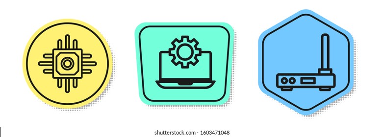 Set line Processor, Laptop and gear and Router and wi-fi signal. Colored shapes. Vector