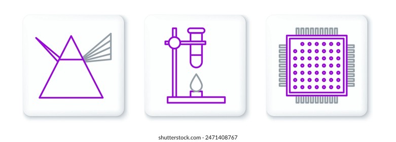 Set line Processor, Light rays in prism and Glass test tube flask on fire heater icon. Vector
