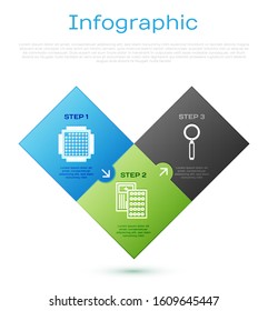 Set line Processor, Magnifying glass and Pills in blister pack. Business infographic template. Vector