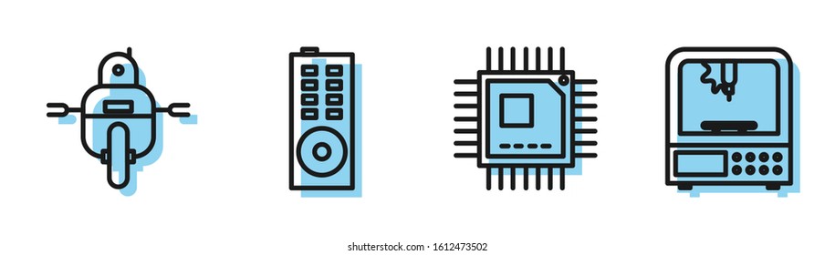 Set line Processor with microcircuits CPU, Robot, Remote control and 3D printer icon. Vector