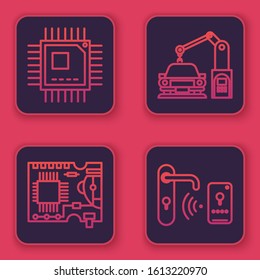 Set line Processor with microcircuits CPU, Printed circuit board PCB, Industrial machine robotic robot arm hand and Digital door lock with wireless technology for unlock. Blue square button. Vector