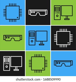 Set line Processor with microcircuits CPU, Computer monitor and Smart glasses icon. Vector