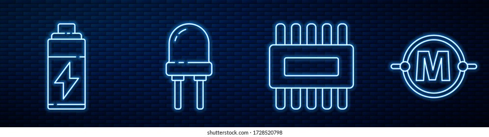 Set line Processor with microcircuits CPU, Battery, Light emitting diode and Electric circuit scheme. Glowing neon icon on brick wall. Vector
