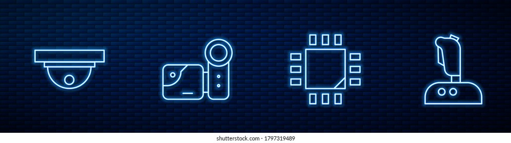 Set line Processor with microcircuits CPU, Motion sensor, Cinema camera and Joystick for arcade machine. Glowing neon icon on brick wall. Vector