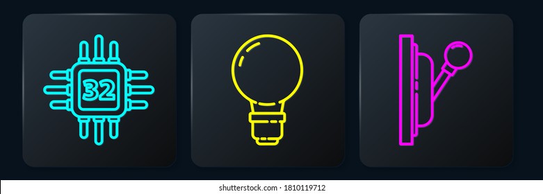 Set line Processor with microcircuits CPU, Electrical panel and Light bulb with concept of idea. Black square button. Vector