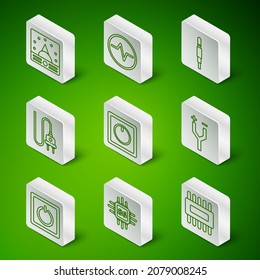 Set line Processor with microcircuits CPU, Ampere meter, multimeter, voltmeter, Electric light switch, plug, scheme,  and cable icon. Vector