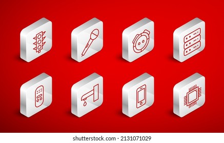 Set line Processor with microcircuits CPU, Microphone, Robot vacuum cleaner, Server, Data, Web Hosting, Smartphone, Traffic light, Water tap and Remote control icon. Vector