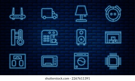 Set line Processor with microcircuits CPU, Warehouse, Table lamp, Coffee machine, Meteorology thermometer, Router and wi-fi signal, Stereo speaker and Delivery cargo truck icon. Vector