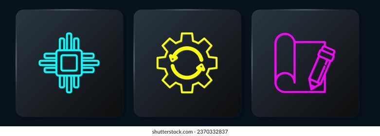 Set line Processor with microcircuits CPU, Graphing paper and pencil and Gear arrows as workflow. Black square button. Vector