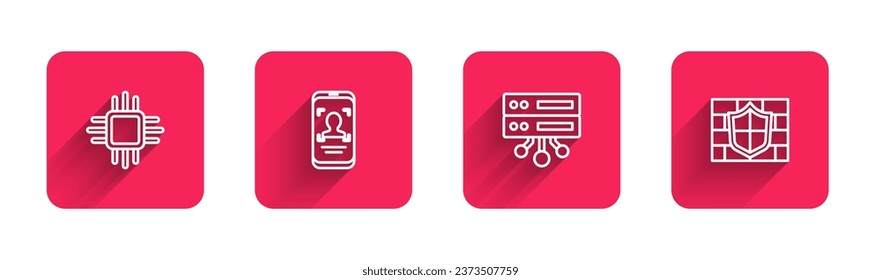 Set line Processor with microcircuits CPU, Mobile and face recognition, Server, Data, Web Hosting and Shield brick wall with long shadow. Red square button. Vector